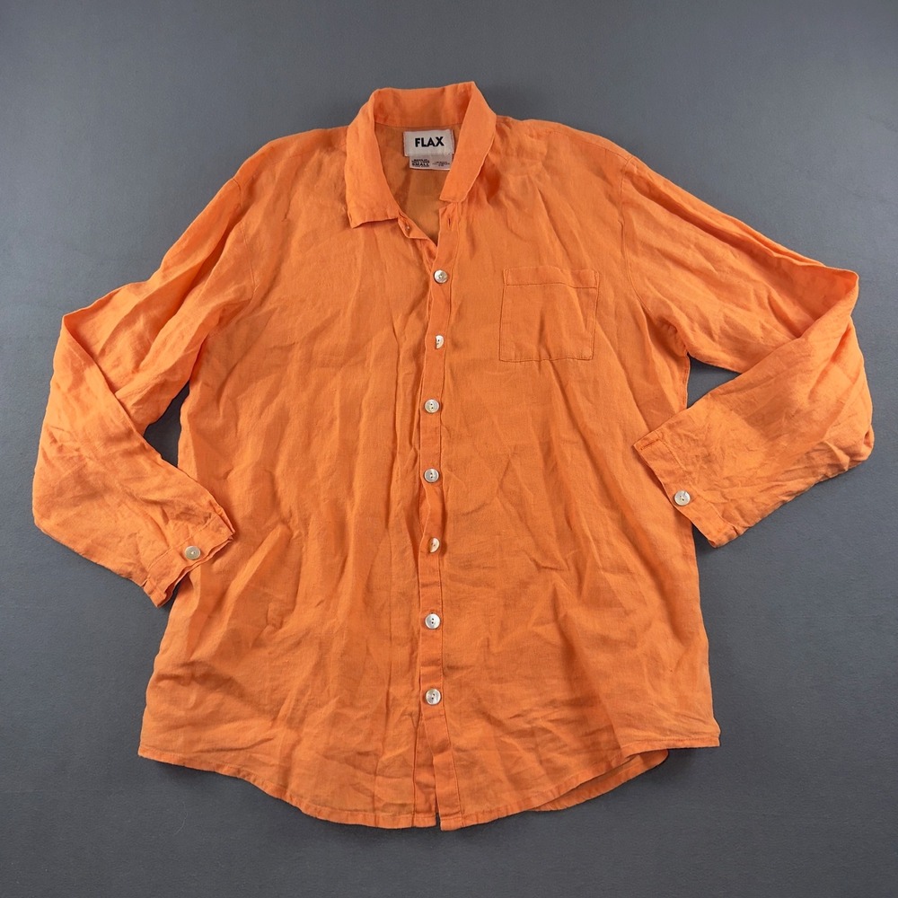 Flax 100% Linen Button Down Shirt Orange Long Sleeve Pocket Small